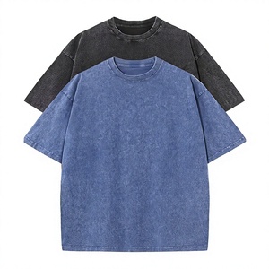 T-shirt en coton uni surdimensionné pour homme, manches courtes, col rond, décontracté, jersey lavé, coupe classique, longueur normale, bleu et noir - Product Image 1