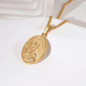 Pendentif Saint Raphaël Religieux en Acier Inoxydable Plaqué Or 18K Collier à Breloques Rondes Archange St <span class=keywords><strong>Gabriel</strong></span> pour Hommes et Femmes - Product Image 6