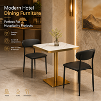Ensemble de mobilier de restaurant moderne : Table en pierre frittée avec base en métal doré et chaises en PU noir pour café, hôtel, usage commercial