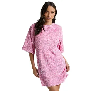 Hot sale product pink women's dresses crew neck half sleeve lace backless shiny full body sequins loose summer t shirt dress
