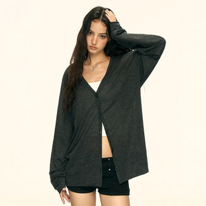 Aaisup <span class=keywords><strong>Cardigan</strong></span> décontracté en maille à col en V <span class=keywords><strong>gris</strong></span> style américain pour <span class=keywords><strong>femme</strong></span>, printemps automne, coupe décontractée, protection solaire, manches longues fines, couleur unie - Product Image 3
