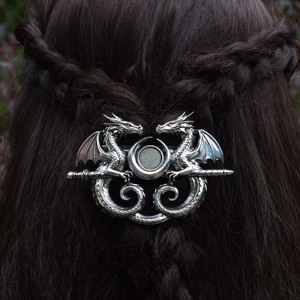 Bacchetta per Capelli Drago Alato Gemello Luna Tripla Gotico Fantasia Medievale Accessorio per Capelli da Strega Argento Antico Bacchetta a Forma di Rettili Regalo - Product Image 1