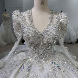 فستان زفاف رائع برقبة على شكل V ، فساتين زفاف ، دانتيل مزين بالترتر مع الخرز للنساء ، فستان كرة XS103 بأكمام طويلة لأم العروس - Product Image 2