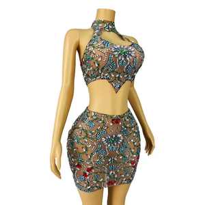 섹시한 라인 석 등이없는 탑 미니 스커트 2 종 세트 디너 가운 생일 파티 힙 포장 원피스 여성 나이트 클럽 착용 의상 - Product Image 2