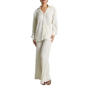 Conjunto de 2 piezas de vestido de lino para mujer con pantalón de pierna ancha de jacquard satinado de manga larga y camisa arrugada, estilo casual liso - Product Image 1