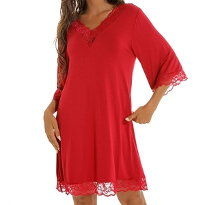 <strong>Women</strong> Sexy Lace V Neck Modal Cotton Nightgown Loose Seven Sleeve Plus Size Home Sleep Dress S 2XL - Product Image 5
