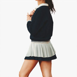 Ensemble de tennis personnalisable avec logo pour femme, col à revers, fermeture éclair, haut décontracté color block et mini-jupe plissée taille haute ajustée pour le sport - Product Image 2