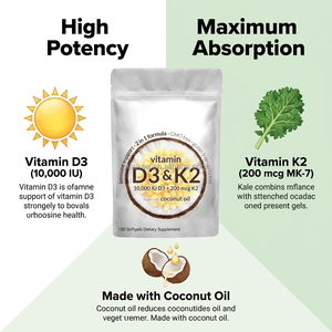 Premium Vitamine D3 K2 Softgels 10000 IE D3 200 mcg K2 met Kokosolie 180 Softgels voor Immuunondersteuning en Botgezondheid - Product Image 3