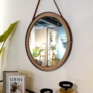 Factory Modern Style Wooden Framed Round Mirror With Hanging Bathroom Vanity Living Room Bedroom Wall Decor Mirror