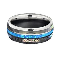 Bague en acier inoxydable en forme de U pour homme, best-seller, avec accents de coquille d'ormeau et textures de pierres colorées, style minimaliste