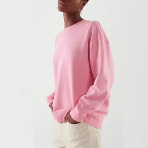 Vente en gros de sweatshirt à col ras du cou en coton vierge personnalisé simple, de grande taille en vrac, de couleur rose pour femmes