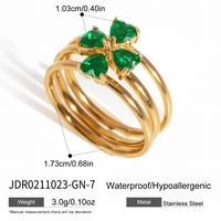Anneaux empilables en forme de cœur et de trèfle à quatre feuilles, élégants et chics, en acier inoxydable plaqué or 18 carats, avec zircon vert et blanc