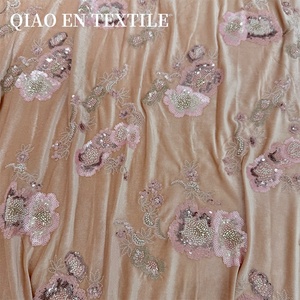 Tissu brodé de haute qualité en velours extensible résistant, broderie de perles tridimensionnelle, brocart, robes, costumes de danse Qipao, faits à la main - Product Image 4