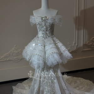 Xs308 Romantic Mermaid <b>Wedding</b> Dress Crystal Beaded Peplum Lace Train Bridal Gown For Beach Ceremony Jancember - Product Image 2