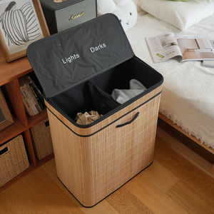 <span class=keywords><strong>Panier</strong></span> à <span class=keywords><strong>linge</strong></span> pliable en bambou avec <span class=keywords><strong>deux</strong></span> <span class=keywords><strong>compartiments</strong></span>, grande capacité, bac de rangement pour vêtements sales, organisation domestique avec couvercle - Product Image 5