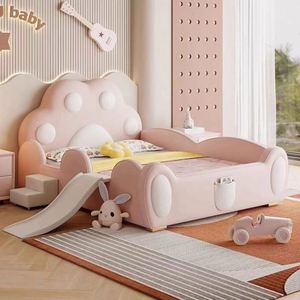 Girls Cute Cat Paw Princess Daybed <b>with</b> <b>Slide</b> Guardrail Cotton Upholstery Wooden Full Comfortable Modern Minimalist Bedroom Kids - Product Image 1