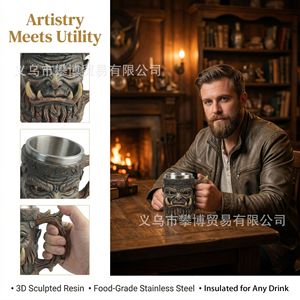 Stainless Steel <b>Mug</b> Resin Orc Face Design <b>Thermal</b> Insulation Gift For Men Beer Drinking - Product Image 4
