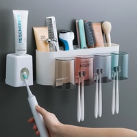 Porte-brosse à dents mural en plastique avec étagère de rangement, distributeur de pâte non perforé, ensemble de gobelets pour le brossage, le lavage et le gargarisme