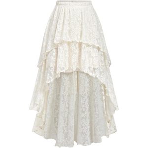FOXA Women's Floral <b>Lace</b> Long Skirt Asymmetrical <b>Elastic</b> Waist Ruffle Layered Mesh Flowy Boho Vintage Style - Product Image 1