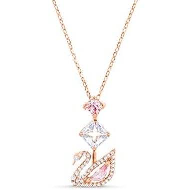 Swan Pendant Necklace - Pink/Clear Crystals