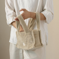 Bolso Tote de Tela de Felpa para Mujer, Bolso de Hombro de Felpa, Color Verde Salvia Beige, Bolso Pequeño con Asas y Logotipo, Bolso Cómodo