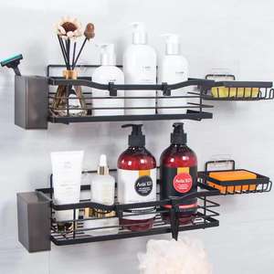 מדף אמבטיה מודרני ממתכת, עמיד למים, חוסך מקום, תלוי על הקיר, רב שכבתי עם ווים לאחסון מוצרי טיפוח - Product Image 2