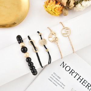 Beaded Bracelets Set Women's Alloy Gold Plated Bohemia Style Flower Heart <b>Map</b> Black Beads Gift Fashion Jewelry 2024 - Product Image 2