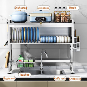 Lavabo üzerinde bulaşık süzgü raf paslanmaz çelik 2 katmanlı depolama büyük kapasiteli mutfak tezgahı çatal organizatör toz geçirmez dolap - Product Image 2