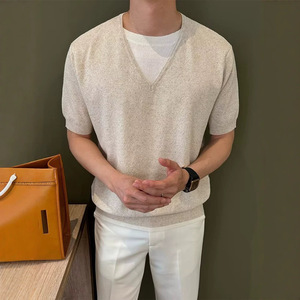 T-shirt en tricot à manches courtes et col en V pour homme, couleur abricot, MLXL2XL, vêtements décontractés pour jeunes - Product Image 1