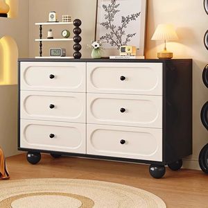 Solid Wood Chest Of Drawers 6 Drawer Black White Bedroom <b>Storage</b> Cabinet Dresser With Round Knobs And Wheels - Product Image 1