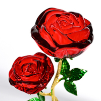 Rose en cristal poli artisanal bleue avec feuilles vertes pour mariage, anniversaire et Noël