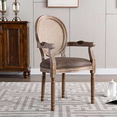 Brown leather/rattan back/armrest