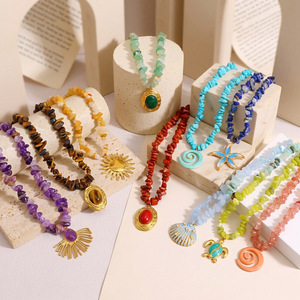 Collier en pierres naturelles style bohème, plaqué or 18 carats, en acier inoxydable, avec pendentif soleil océanique perlé, personnalisable, idéal pour cadeau (vente en gros) - Product Image 1