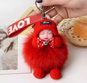 Kawaii Sleeping Baby Fur Doll Toy Plushie llavero mullido <span class=keywords><strong>bebé</strong></span> Pom llaveros para mujeres coche mochila llavero titular ornamento - Product Image 1