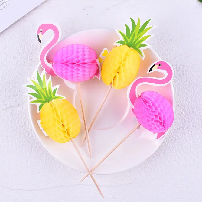 Hawaiian Cupcake Toppers Cake Supplies Aloha Pineapple Decoration Paper Flamingo Cake Toppers