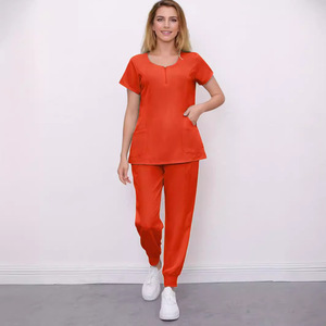 Women Hospital Scrubs Uniform Set Short Sleeve Elastic Waist Moisture Wicking Knitted Split Set For Medical Workwear - Product Image 2