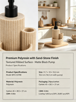 Distributeur de savon liquide en polyrésine écologique beige, design colonne romaine cannelée, avec bouteille rechargeable et support d'évier de cuisine