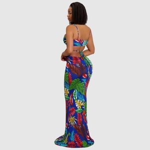 Vestido Maxi Ajustado con Tirantes y Estampado de Hojas, Sexy y Moderno para Mujer - Product Image 3