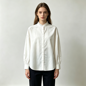Chemisier blanc en popeline à col volanté, manches longues, épaules tombantes, boutonnage frontal, pour femme, style décontracté - Product Image 1