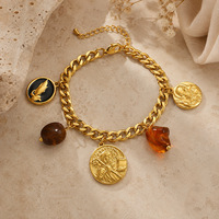 Ensemble collier et bracelet en acier inoxydable plaqué or 18 carats avec pendentif pièce de monnaie et résine ambrée, style bohème vintage, bijoux pour femme, cadeau