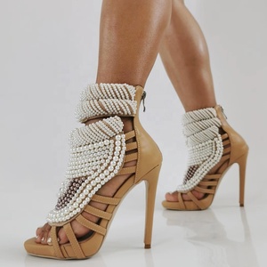 <b>Large</b> Size 47 Luxury Design Pearls Women High Heels Stiletto Sandals Rhinestone Ladies Party Dress Mule Shoes - Product Image 3