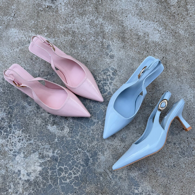 Chic Pastel Pink Blue Patent Leather Women's Slingback Kitten Heels Elegant Pointed Toe Pumps for Ladies Wedding Office Party
