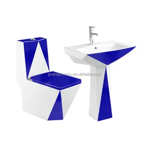 مجموعة المرحاض, مجموعة ألوان مزدوجة ، 4 بوصة ، حوض غسيل ، مرحاض ، لفندق عالي الجودة ، أزرق غامق ، 4 بوصة