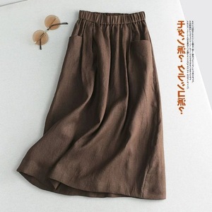 Women's Mid Length Linen <b>Skirt</b> <b>Elastic</b> Waist Coffee White Cotton Casual Daily Wear - Product Image 3