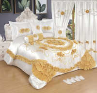 Ensemble de literie de mariage en satin de luxe 12 pièces, ensemble de couette brodée florale avec rideaux pour la décoration de la chambre