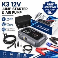 Booster de batterie de voiture et boîte de démarrage d'urgence K3 10000mAh 800A-1000A 140PSI Li-polymère, batterie externe pour véhicules 12V