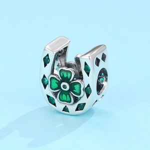 S925 Silver Geometric Cutout Horseshoe Charm All Green CZ <b>Clover</b> Bead Oxidized Boho Jewelry for Stacking <b>Bracelet</b> - Product Image 4