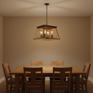 <b>Oak</b> Farmhouse Pendant Chandelier 4-<b>Light</b> Square E26 Bulb For Dining Room Iron Wood Frame Soft Warm White <b>Light</b> - Product Image 2