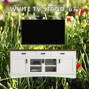 Mueble de TV Moderno de Madera Blanca de 67 Pulgadas de Ancho con Puertas y Cajones de Almacenamiento, Estantes Ajustables, Muebles para Sala de Estar - Product Image 2