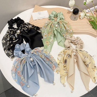 Chouchous à imprimé floral avec nœud perlé, attaches pour cheveux en ruban, porte-queue de cheval, accessoires de coiffure faits à la main pour mariage, pour femmes et filles